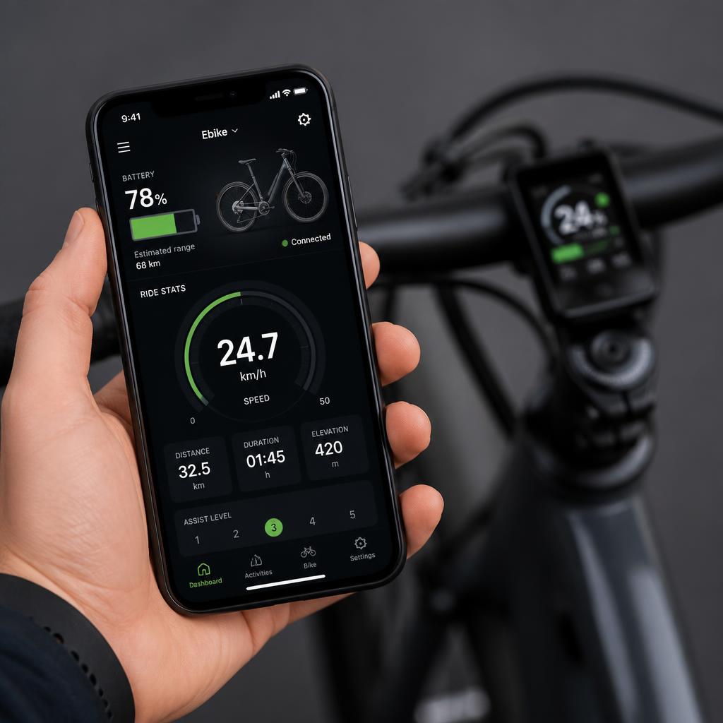 Smartphone mit E-Bike-App und Fahrdaten
